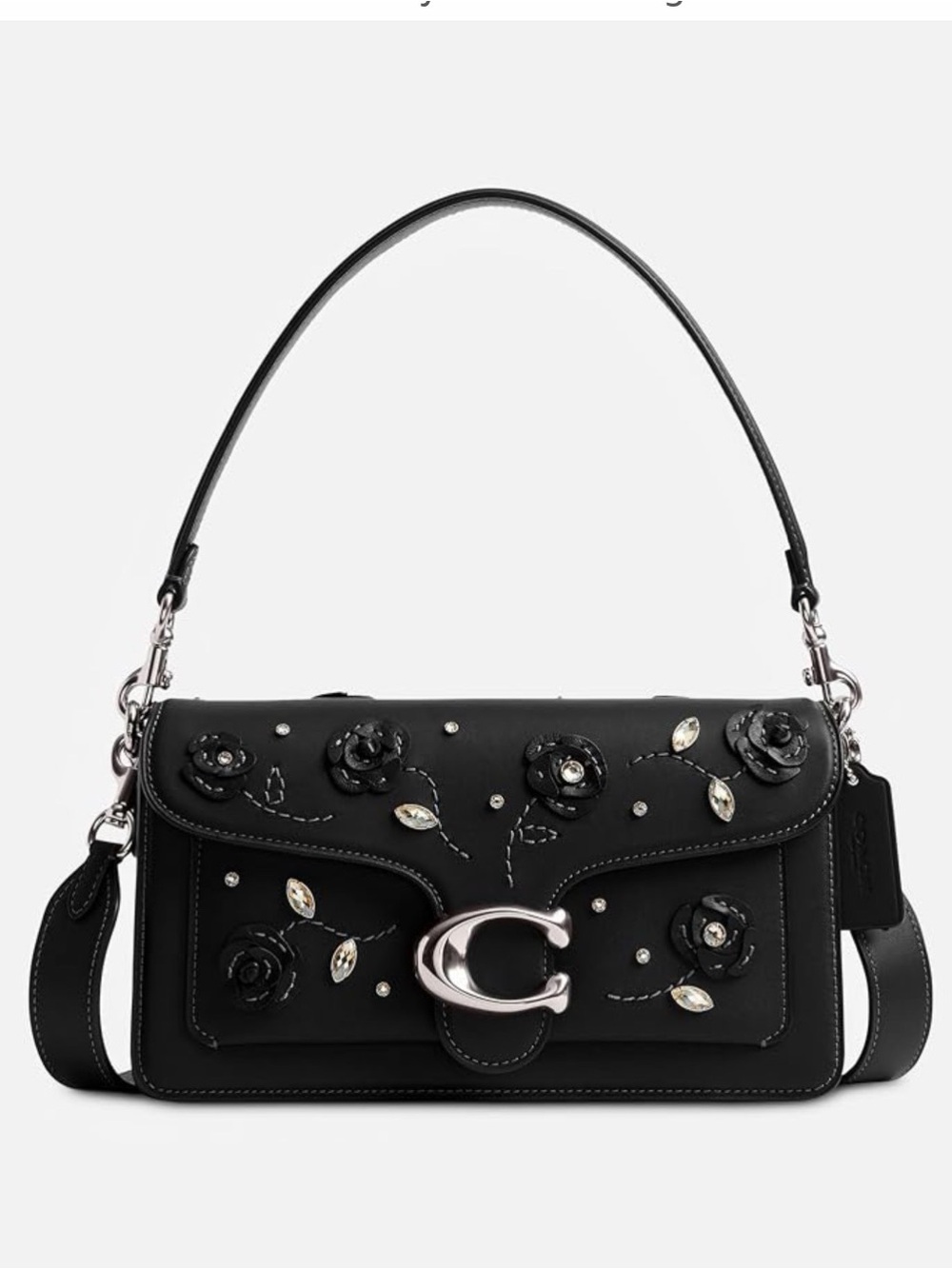 Coach Black Leather Shoulder Bag with Floral Appliqués NWT